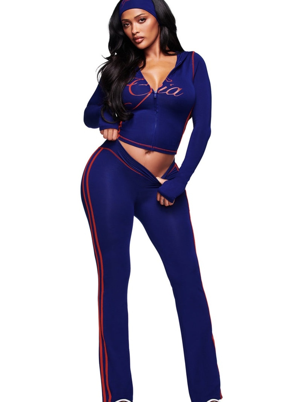 Women's Two-Piece Navy and Red Lounge Set with Hooded Zip Jacket